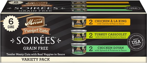 Merrick Purrfect Bistro Soirees Turkey Cassoulet, Chicken a la King, & Chicken Divan Variety Pack Grain-Free Wet Cat Food (2.75-oz can, case of 6)