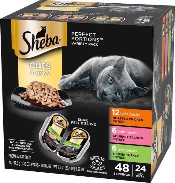 Sheba Perfect Portions Grain-Free Roasted Chicken, Gourmet Salmon & Tender Turkey Cuts in Gravy Variety Pack Adult Wet Cat Food Trays (1.3-oz, case of 24 twinpacks)