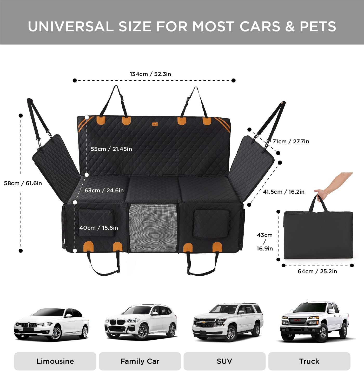 Heavy Duty Dog Car Seat Cover with Hard Bottom Support – Waterproof Back Seat Hammock for Large Dogs (400lbs Capacity)