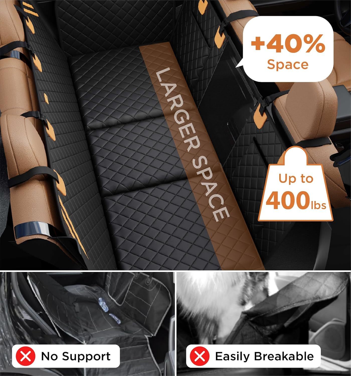 Heavy Duty Dog Car Seat Cover with Hard Bottom Support – Waterproof Back Seat Hammock for Large Dogs (400lbs Capacity)