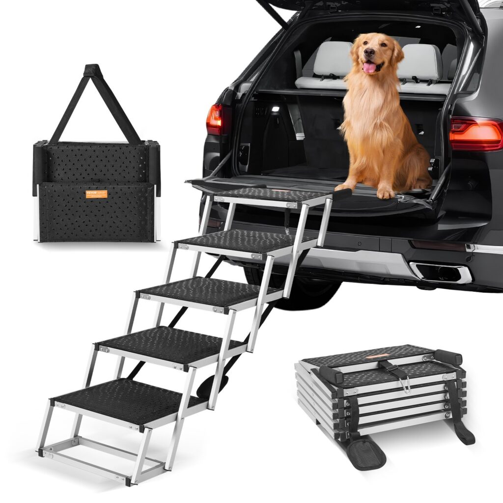 Only4MyPets 5-step folding aluminum dog car stairs for SUVs and trucks supporting 150 lbs